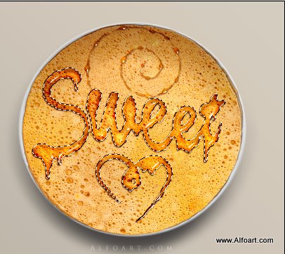 Honey leaking effect on the delicious pancake. Honey, sweet text effect, honey drops, realistic honey effect liquid honey, thin russian pancake.